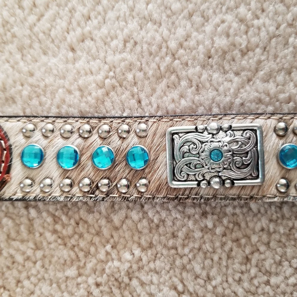Nocona Kid's Rhinestone and Concho Leather Cow Hair Belt Size 22